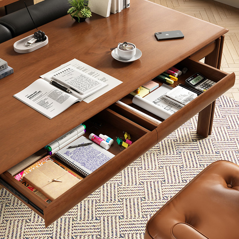 Bureau rectangulaire brun en bois massif avec 2 tiroirs, H 29,53 po x L 62,99 po x l 31,5 po
