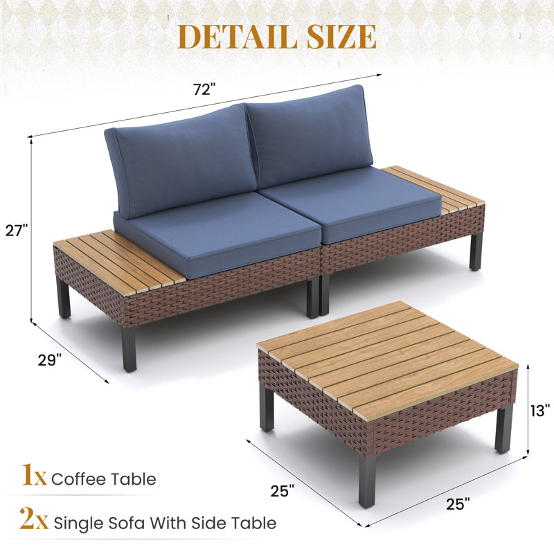 Loveseat Patio Sofa With Square Coffee Table And Cushions, Blue