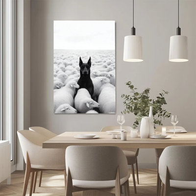 Monochrome Doberman Pinscher Standing Amidst Flock of Sheep Canvas Wall Art - Gallery Wrap Canvas with Solid Wood Inner Frame, Ready to Hang
