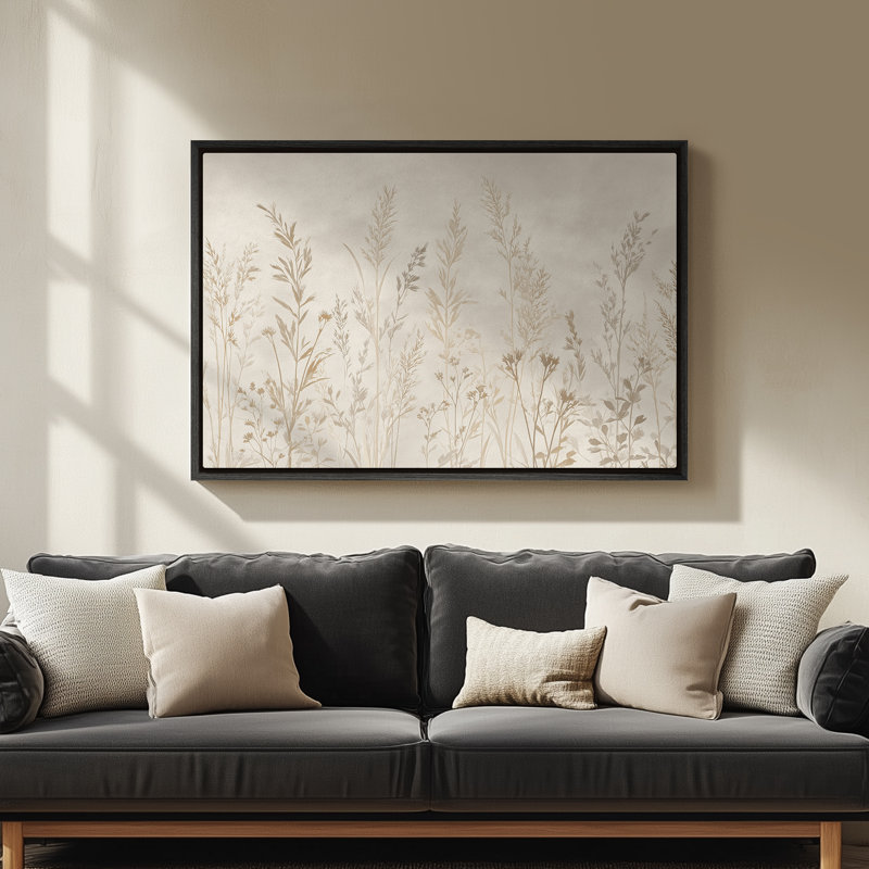 Art mural encadré sur toile - Silhouette de pré botanique minimaliste en beige doux neutre - 16 po x 24 po, 24 po x 36 po