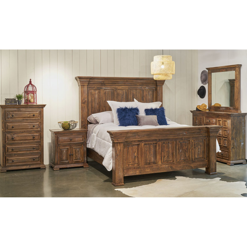 Rustic Brown Pine Wood Queen Bed with Headboard