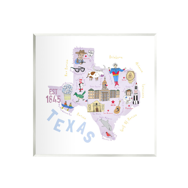 Au-614-Giclee " Pastel Texas Landmarks Map " by Carla Daly, MDF, 12" W x 12" H x 0.5"D
