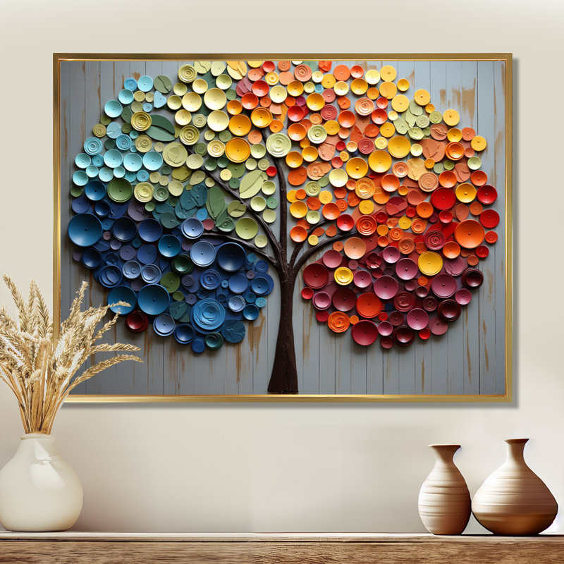 Art mural coloré arc-en-ciel coloré 4 saisons - Arbres, H 12 po x l 20 po x P 1 po, Cadre flottant doré