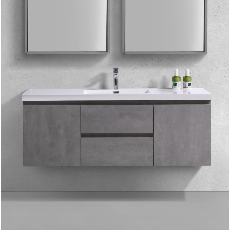 Ensemble de meuble-lavabo mural simple de 59,5 po Polychronis, Gris ciment