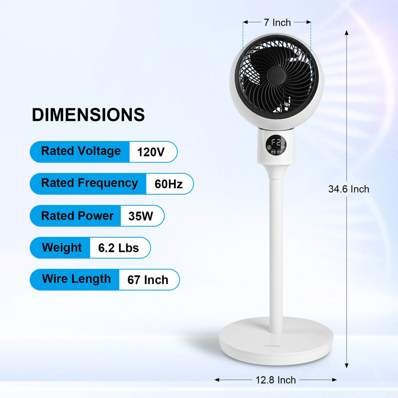 7" Oscillating Standing Fan With Remote Control 15H Timer 3-Speed Settings Adjustable Tilt