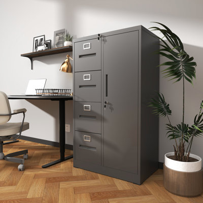 Black Metal Storage Cabinet, 4 Drawers, Interlocking System, High - Quality Material, Easy To Clean For Steel Cabinet With 1 Door, And Side Wardrobe, Clean, Ideal Bedroom