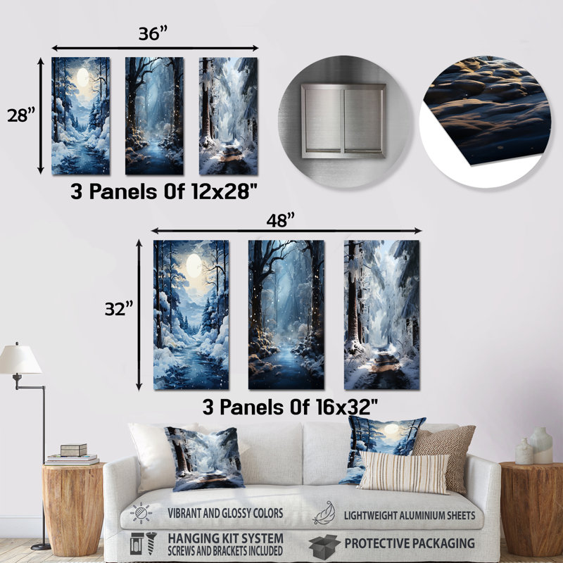 White Path To The Winter I - Forest Winter Metal Wall Art Living Room Set Of 3, 28" H x 36" W