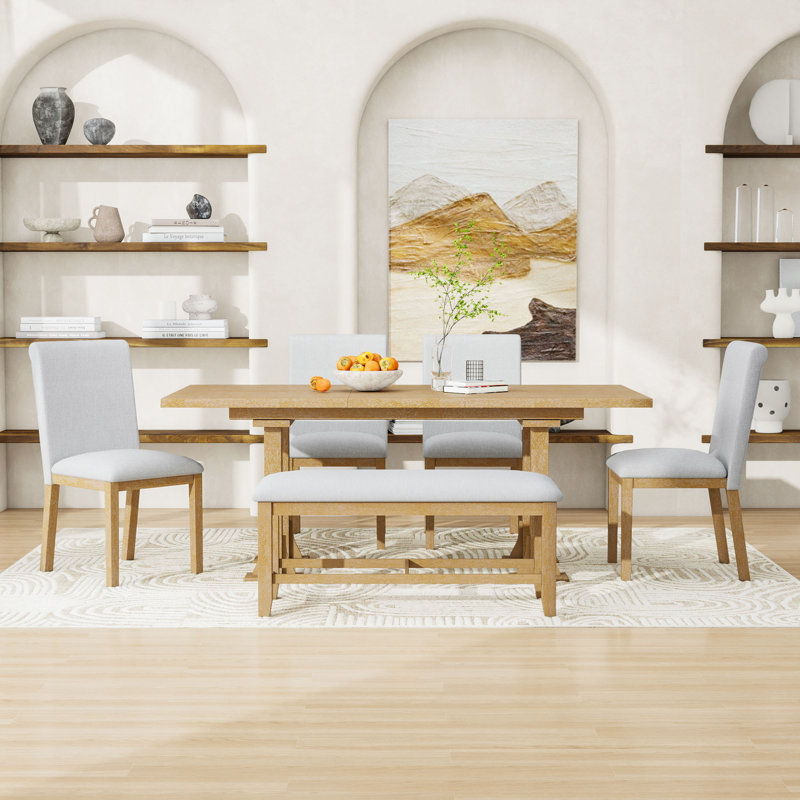 Emere 6-Piece Dining Set,Extendable Table, Upholstered Chairs and Bench, Natural, Natural, Natural