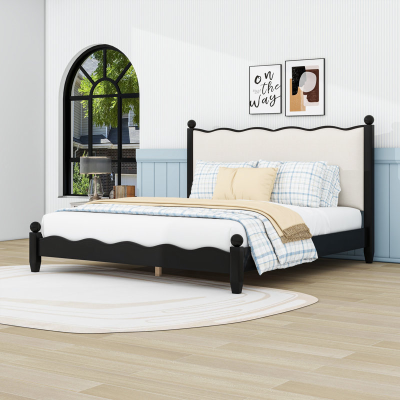 Lit plateforme en bois avec tête de lit tapissier festonnée, Noir, Grand lit