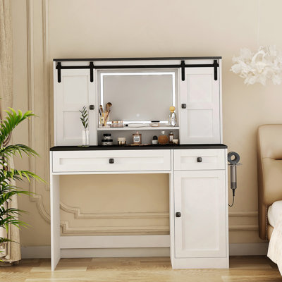 Coiffeuse Farmhouse avec miroir lumineux et tiroir de maquillage