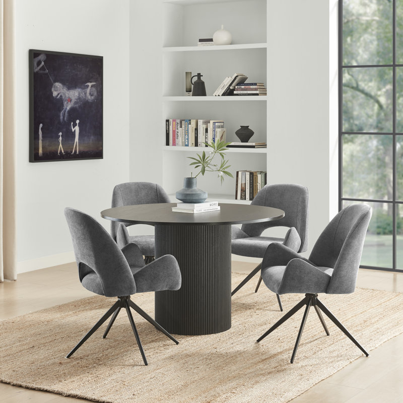 Penny Pillar Black Round Table With 4 Lyla Luxury Fabric Upholstered Swivel Dining Chairs, Grey