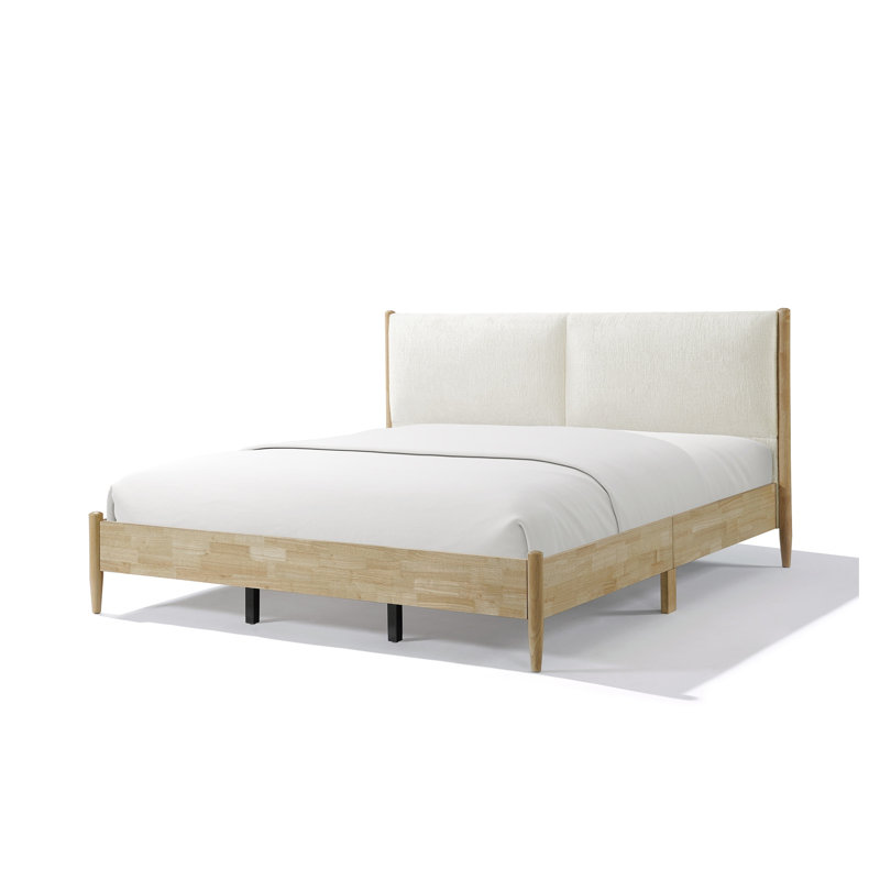 Structure de lit très grand en bois naturel avec tête de lit tapissier blanche, aucun sommier requis, King