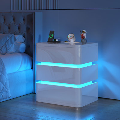 Fully Assembly 3-Drawer Nightstand With Rgb Sensor Lights, Starlight Projections, Charging Station, Bluetooth and Speaker