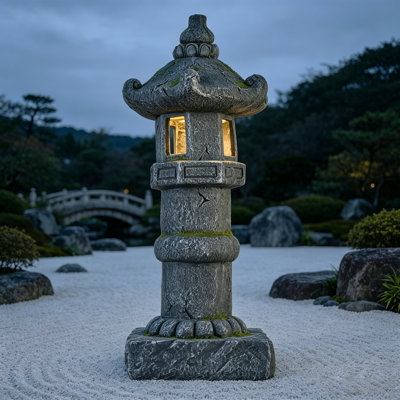 27.6"H Solar Pagoda Garden Statue with Warm LED Light, Magnesium Oxide Stone-Look Oriental Tower Lantern for Zen Garden, Yard, Patio, Courtyard & Koi Pond Decor