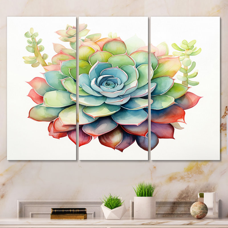 " Blossoming Succulent In Tender Retro Blue " 3 - Pieces, 28" H x 36" W x 1" D
