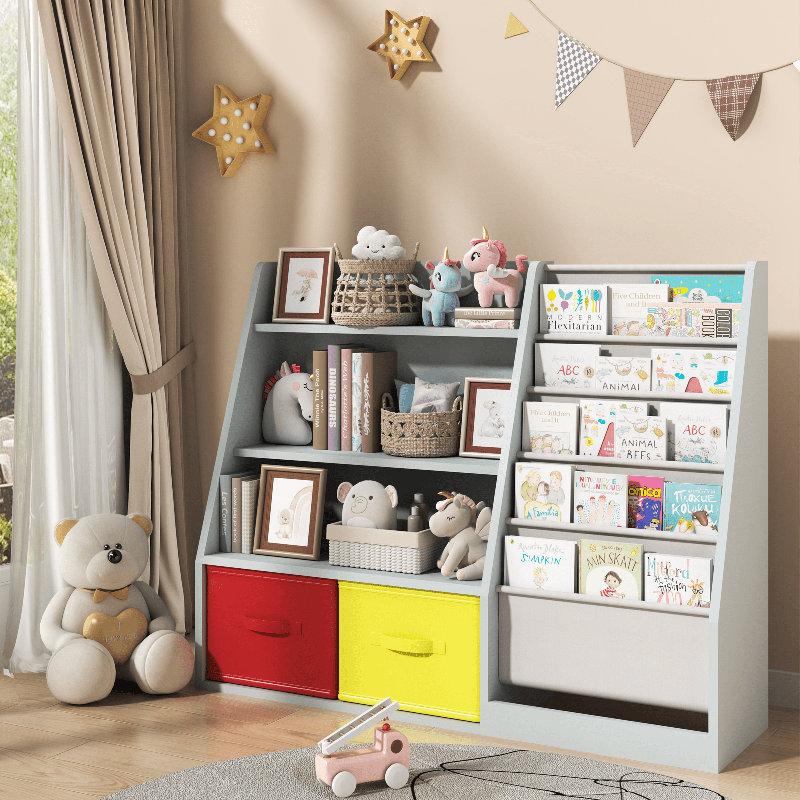 Étagère à livres pour enfants avec 2 tablettes de rangement pour jouets, Bleu grisâtre
