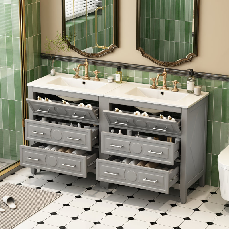  Ensemble de meuble-lavabo autoportant 60 po avec 3 tiroirs, 60 po, gris, Gris