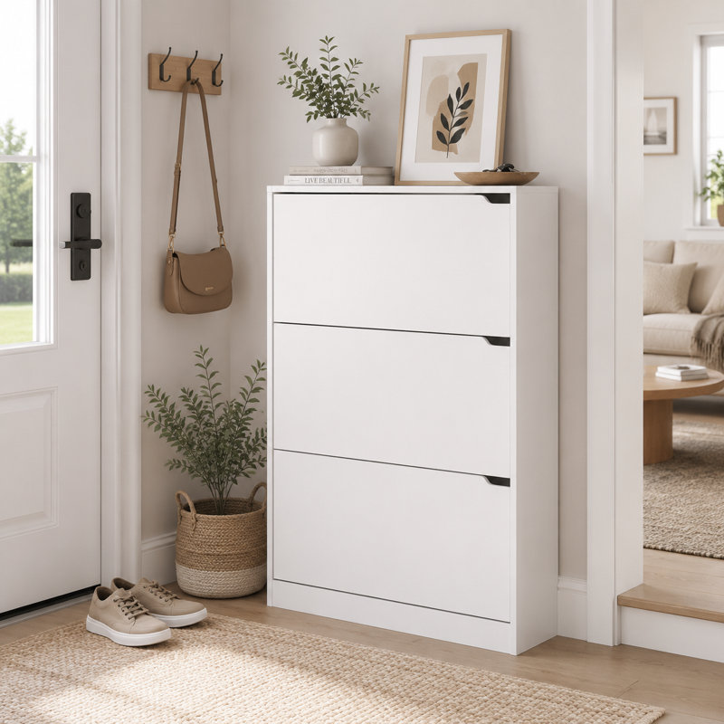 3-Tier Shoe Storage Cabinet with Flip Drawers, 16-20 Pair Free Standing Shoe Organizer 31.5''W for Entryway, White