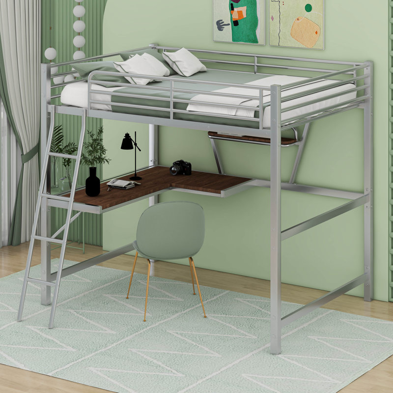 Lit mezzanine double en métal et panneau de fibres à densité moyenne avec bureau et tablette