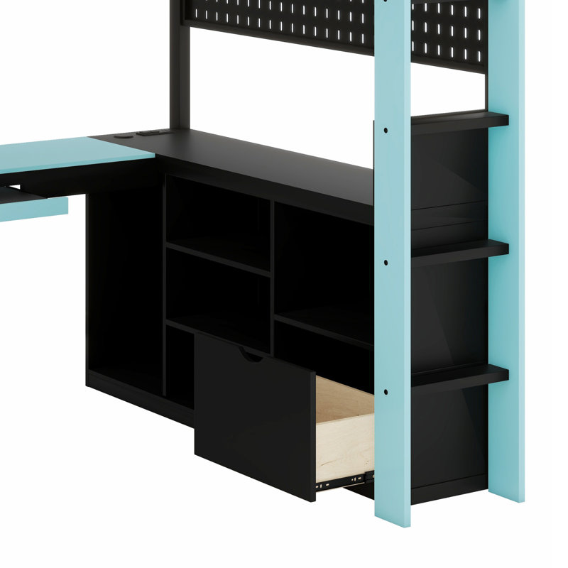 Gaming Loft Bed With Built-In Desk, RGB Lighting, Power Outlet And Storage Drawer, Blue