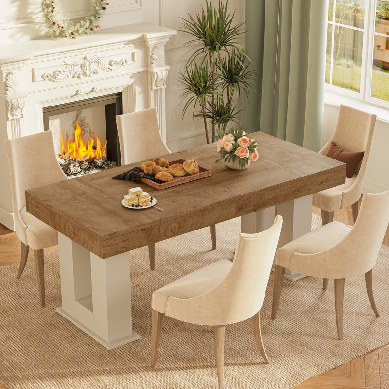 Table de salle à manger de style campagnard 63 pouces pour 4-6, plateau en grain de bois naturel et pieds blancs, table de cuisine robuste en MDF P2, facile à nettoyer et à assembler pour la salle à manger et la cuisine