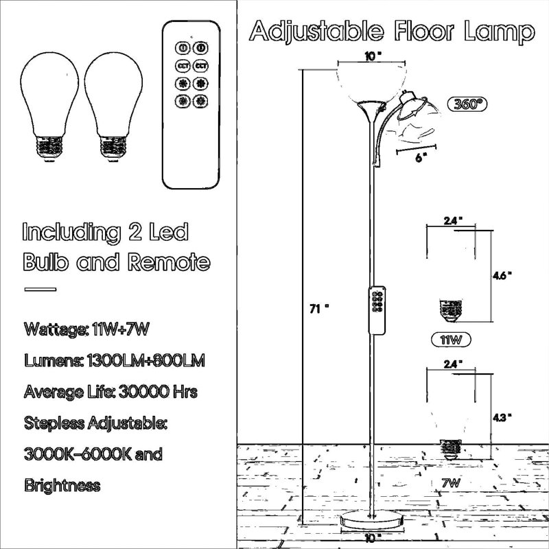 Lampe sur pied intelligente à intensité variable avec télécommande, torchère à DEL 2100LM super brillante, réglable en continu 4 températures de couleur 3000K-6000K pour le salon et la chambre à coucher