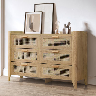 Fake Rattan 6 Drawer Dresser for Bedroom, 47.3″ W Modern Wide Chest of Drawers, Wood Storage Organizer for Clothes, Entryway, Hallway, Nursery or Livi