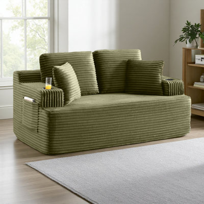 Canapé 66,5 po sans canapé avec 2 coussins supplémentaires, tissu en velours côtelé 2 places avec porte-gobelet et poche latérale avec revêtement de sol Installation facile
