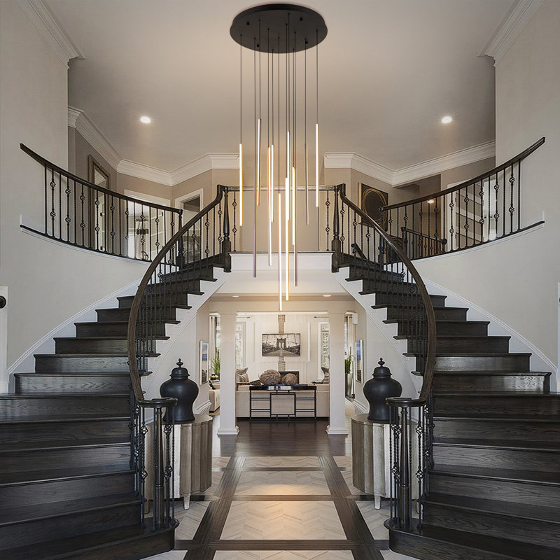 Caylah Cluster Cylinder LED Pendant for Stairs, Black, 120" H x 23.6" W x 23.6" D