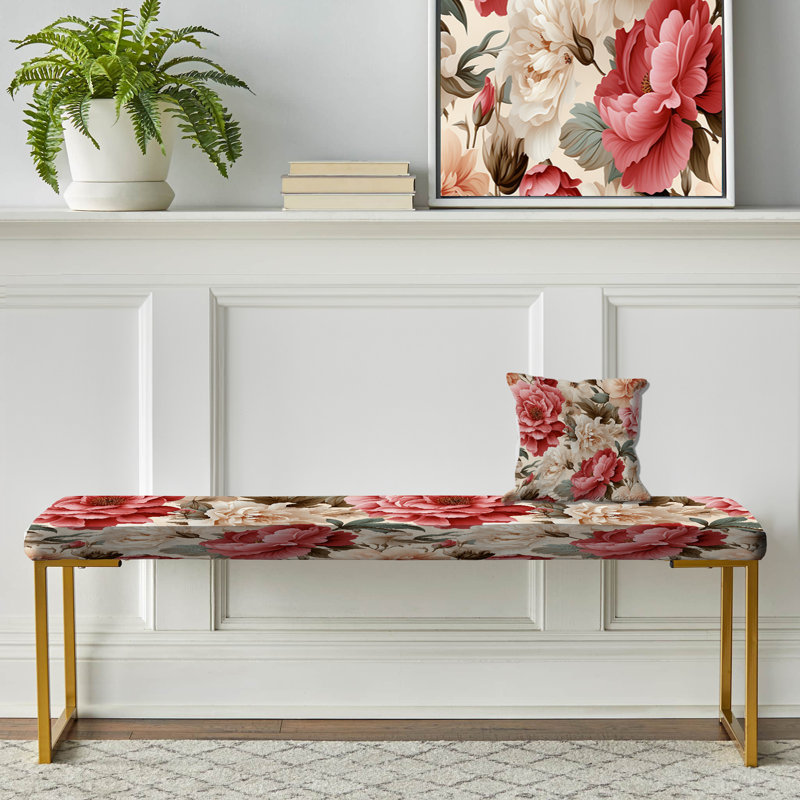 Upholstered Gold Bench, Vintage Roses Grace Victorian Pattern VI