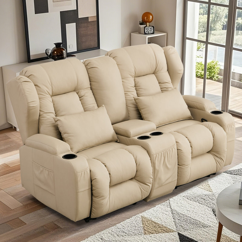 Manual Reclining Loveseat Sofa With Center Console, Cup Holders And LED Lights - Plush Theater Seating, Beige
