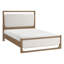 Lit tapissier brun moderne avec tête de lit et rails à DEL, grand lit avec éclairage texturé, cadre en bois pour