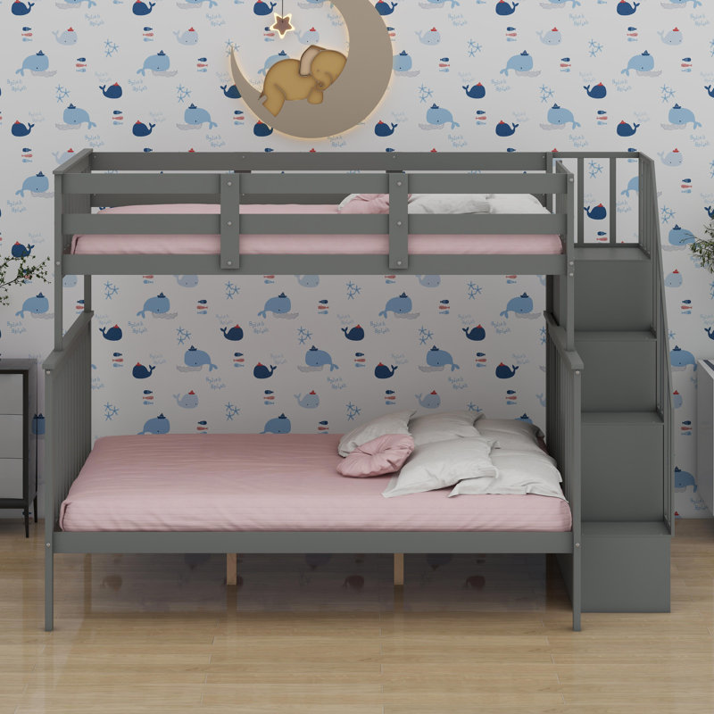 Lit superposé avec rangement et garde-corps pour la chambre à coucher, Gris