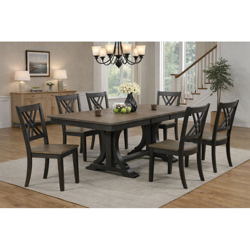 Ensemble de salle à manger à double caisson rectangulaire en bois massif extensible 7 pièces avec rallonge, 7