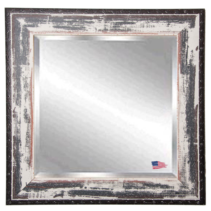 Miroir moderne et contemporain vieilli, Blanc délavé / gris foncé, H 35,5 po x l 35,5 po