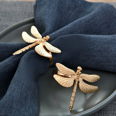 Gold Dragonfly Napkin Rings Set of 4 with Embossed Wings Design for Elegant Dining Table & Christmas Decor