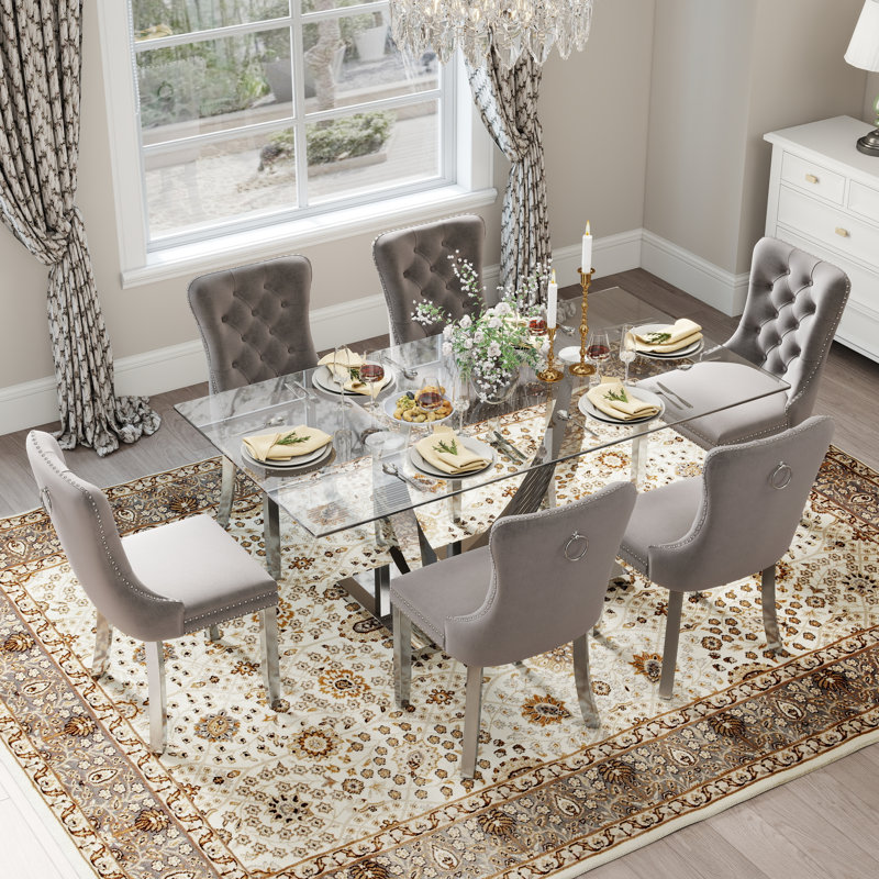 Kazandra 6 - Person Pedestal Dining Set, 30"H x 63"L x 35.4"W, Silver, Gray