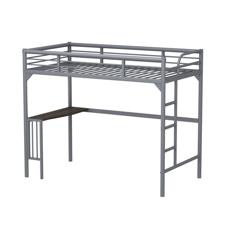 Lit mezzanine simple en métal avec bureau, échelle et garde-corps, bureau sous le lit, Argent argent