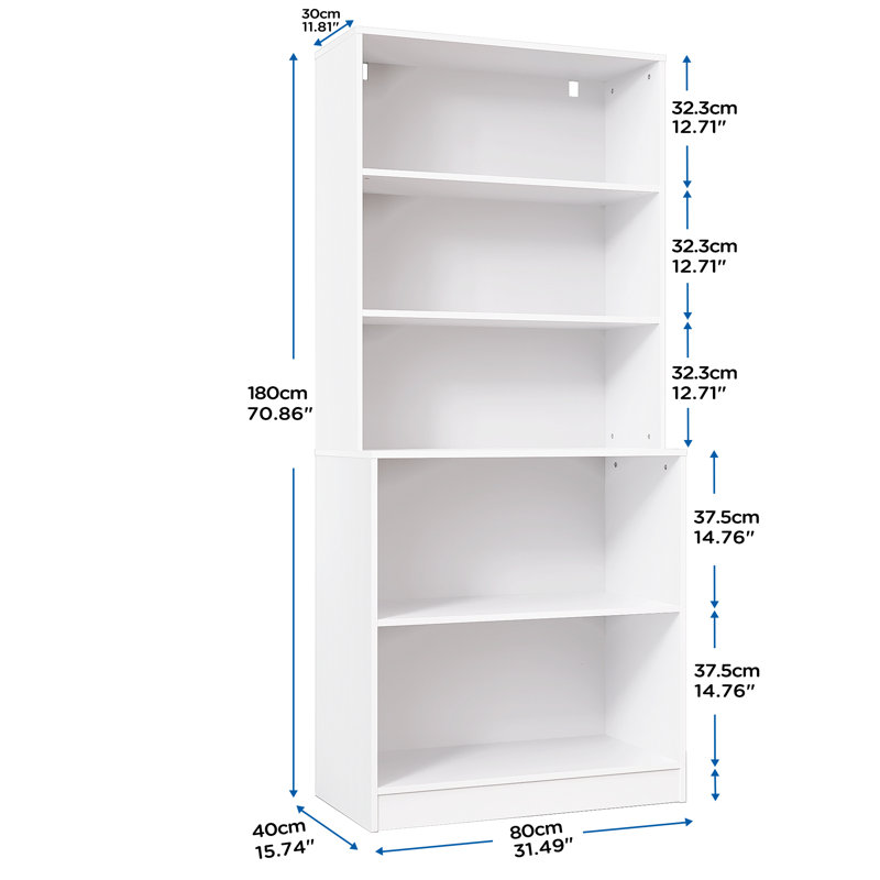 5 Tier Book Shelf,  71" H Large Bookcase, Standing Wood Display Book Shelf For Living Room, Office, Library, White