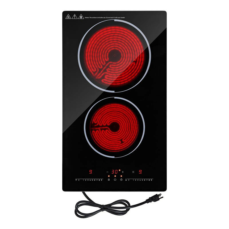 Plaque de cuisson électrique, 12 po, 2 brûleurs, surface de cuisson portative en céramique 1800 W, commande tactile, 9 niveaux de chaleur, 120 V