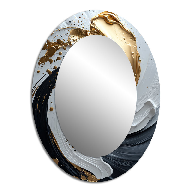 White Black Gold Cosmic Whirlpool II - Modern Oval Wall Mirror, 40" x 30"
