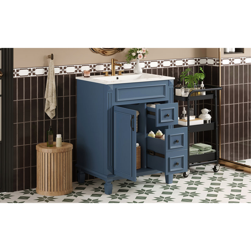 Meuble-lavabo 24 po avec lavabo en céramique, petite armoire de salle de bain moderne, 2 tiroirs et tablette réglable