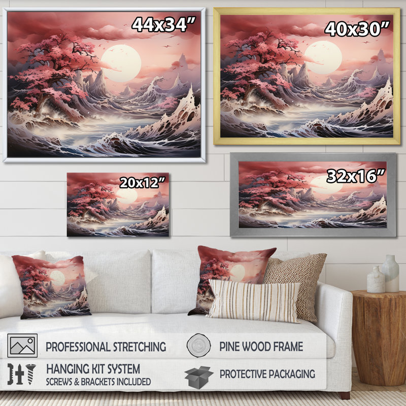Paysage de tempête océanique du Japon sur toile, Cadre simple noir, H 24 po x l 32 po x P 1 po