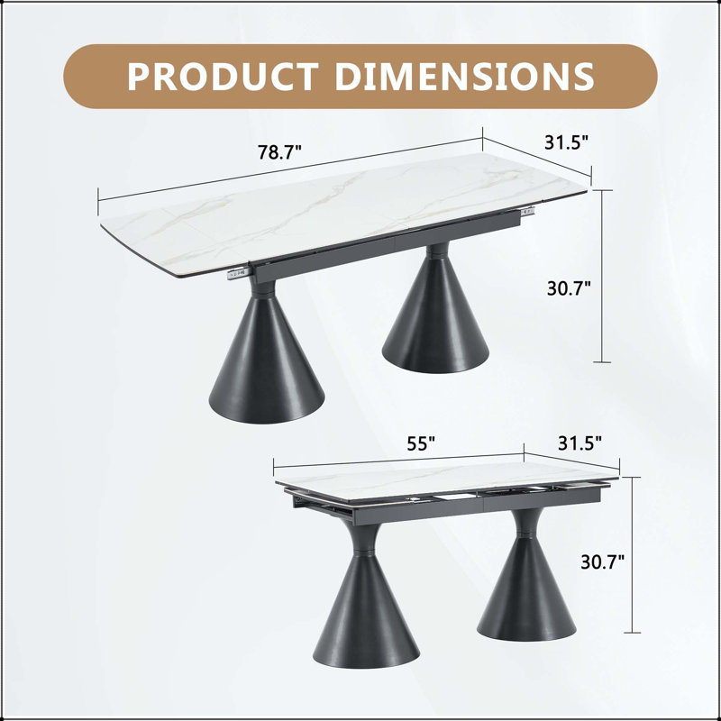 Table de salle à manger extensible à motif de marbre avec pieds fuselés noirs, White / Black