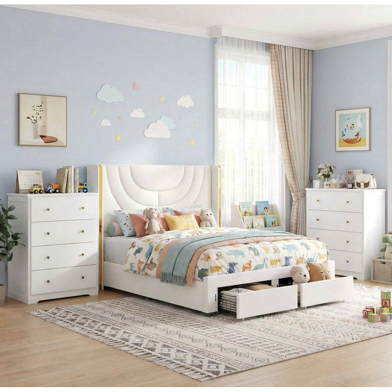 2-Piece Bedroom Sets, LED Light Upholstered Bed with 2 Drawers, 37" 4-Drawer Chest, Wall Wash Lighting Velvet Platform Bed with Storage