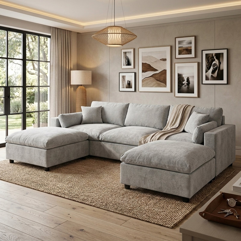 Canapé d'angle modulaire de 215 cm avec 2 poufs amovibles, canapé nuage en forme de U recouvert de chenille avec poches de rangement latérales