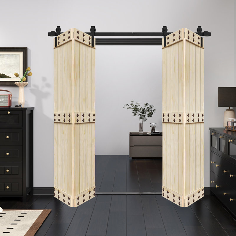 Porte de grange pliante en bois massif de style Mid-Bar 4 panneaux avec quincaillerie - assemblage requis, Non fini