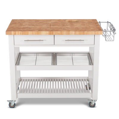 Îlot de cuisine en bois massif 46 po avec plateau de boucher et roulettes verrouillables