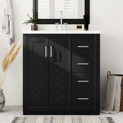 Meuble-lavabo de 30 po avec structure en bois massif, charnières, planches, motif rainuré unique, rangement généreux, solution de rangement polyvalente