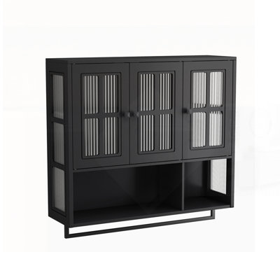 Bathroom Wall Cabinet With 3-Door Design, Open And Hidden Storage, Glass Door, And Towel Bar For Versatile Use In Multiple Rooms